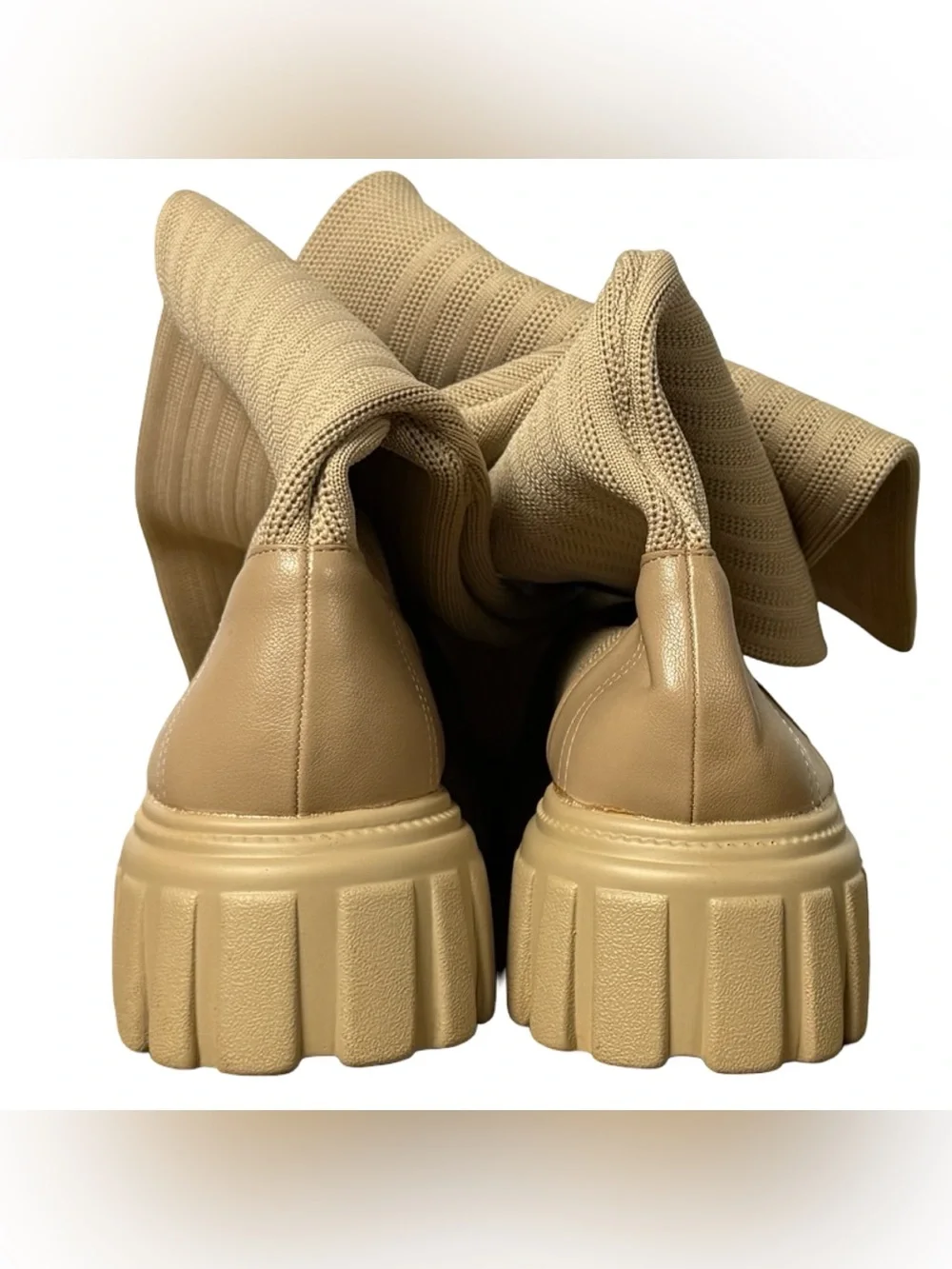Cuccoo Ribbed Knit Thigh-High Lug Sock Boots Beige Size Women's 10